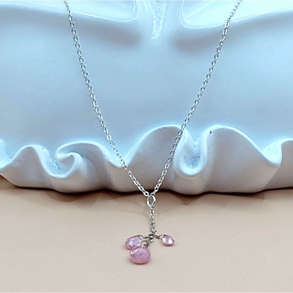 NRT marked Silver Tone Chain with 3 Pink Crystal Dangle Pendant Necklace